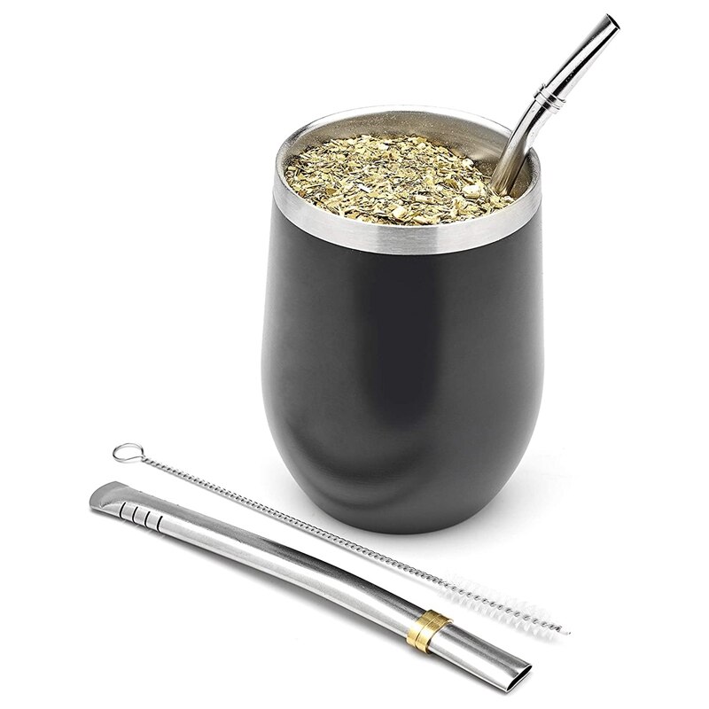 Yerba mate kalebass tekoppsset 12oz, dubbelväggiga rostfria kaffevattenkoppar med lock 2 bombillas sugrör sked och borste