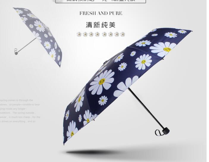 small fresh Daisy blue sunny umbrella three folding black glue UV adult paraguas parasol umbrella rain women