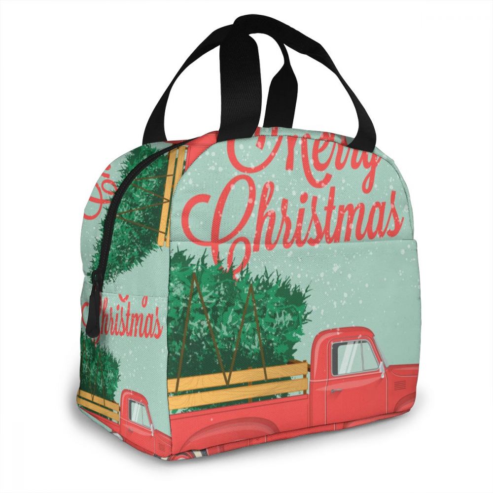 Merry Christmas Red Truck With Tree Lunch Bag Portable Insulated Thermal Cooler Bento Lunch Box Tote Picnic Storage Bag Pouch