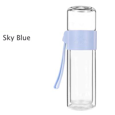 Kontor forretning glas vandflaske bærbar dobbeltvægs glas teflaske med te-infuser gennemsigtig glasflaske: Himmelblå