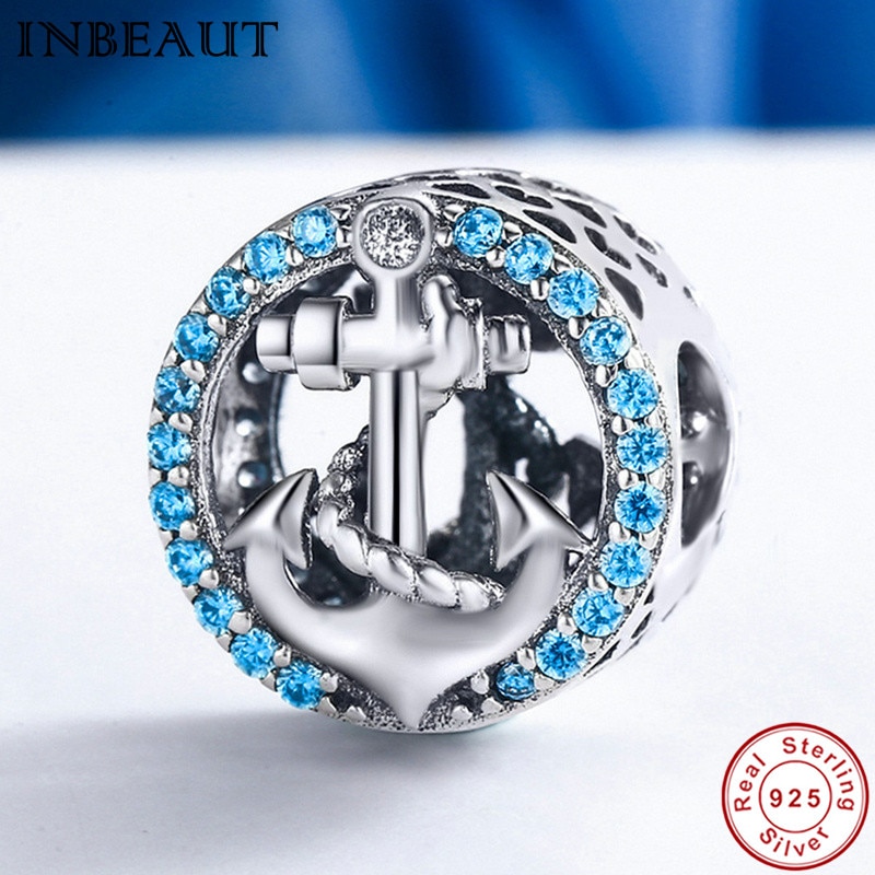 fit Europe Bracelet Vintage Ship Charm 925 Sterling Silver Round Ocean Blue CZ Sea Sailing Beads S925 Stamp DIY Jewelry