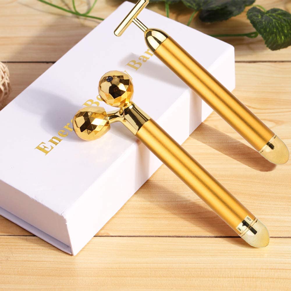 Appareil de soins de beauté multifonction, rouleau de anciers de massage facial 24k, barre d'énergie dorée 3D, masseur vibrant pour outil de beauté