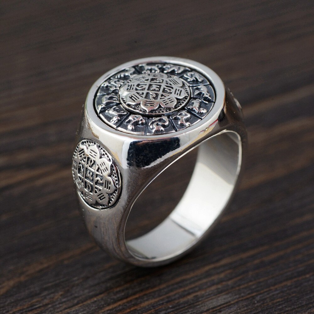 Vintage 925 Sterling Silver Jewelry Exaggerated Large Mens Rings Rotatable Jiugong Bagua Twelve Chinese Zodiac Signs: 12 / Silver