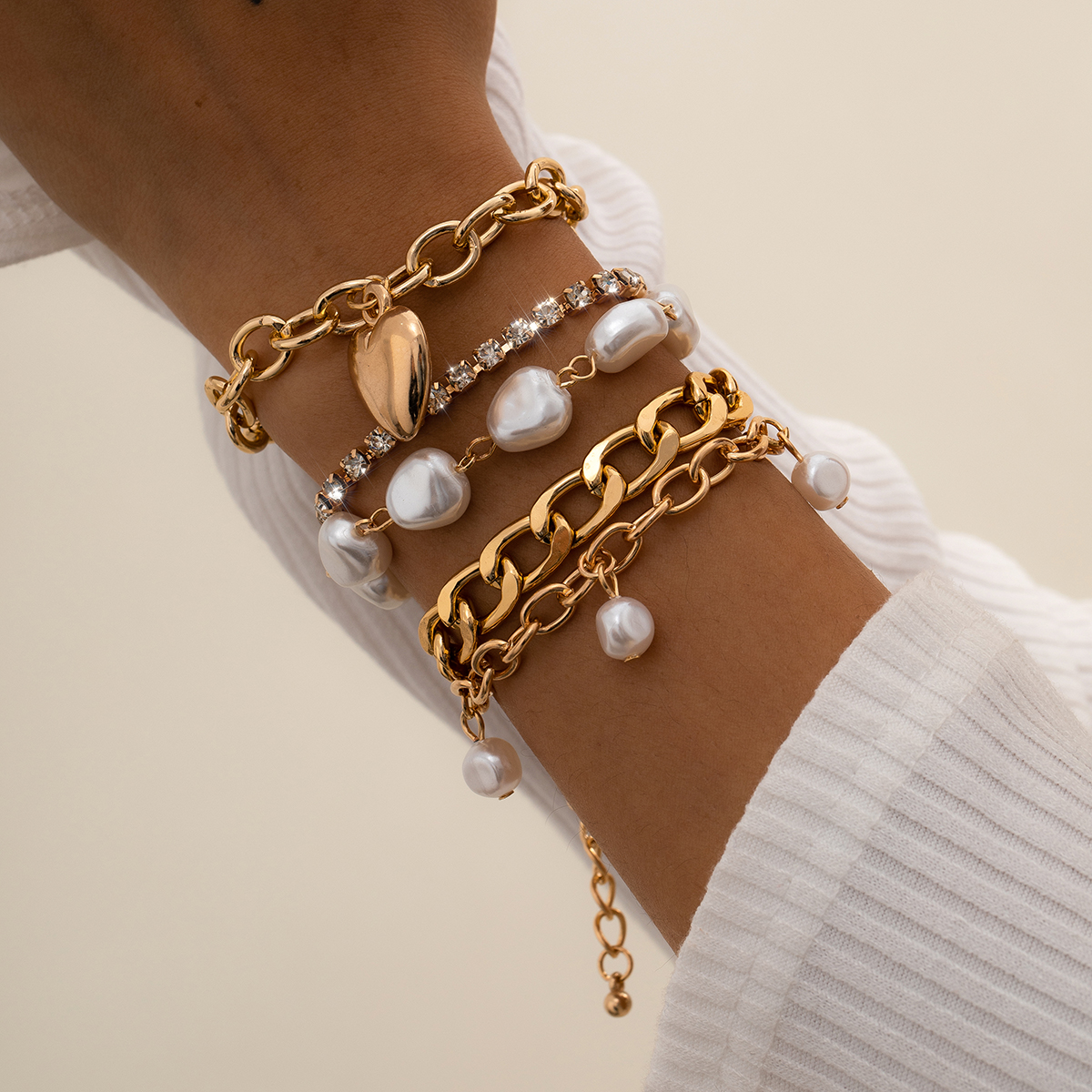 4 Stks/set Luxe Shiny Rhinestone Armbanden Set Bangle Vrouwen Mannen Verstelbare Clear Crystal Chunky Link Charm Armband Hand Sieraden: Titanium Plated
