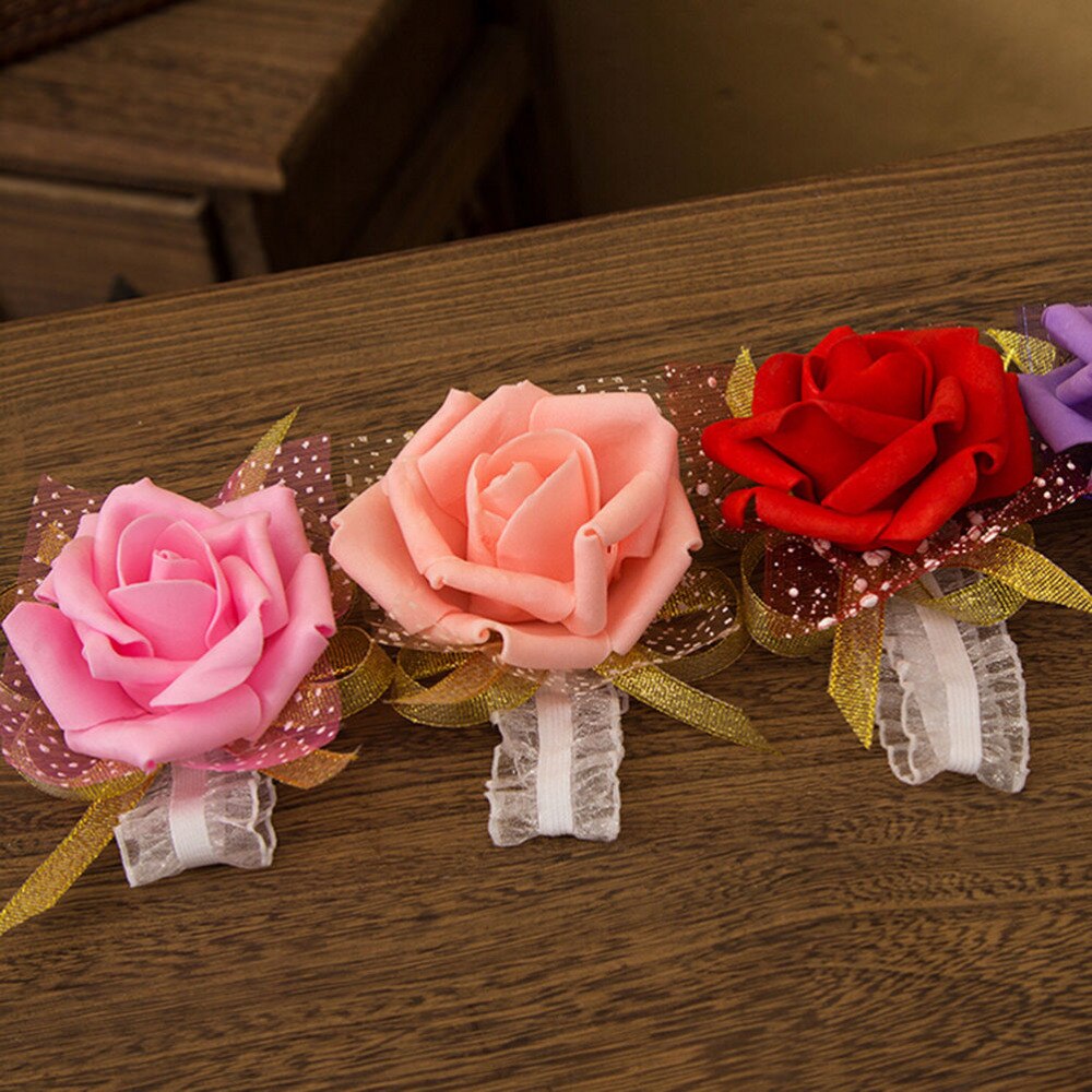 1Pcs Wrist Flowers Wedding Supplies PE Artificial Rose Ribbon Flower Bride Bridesmaid Hand Flower Party Decoration