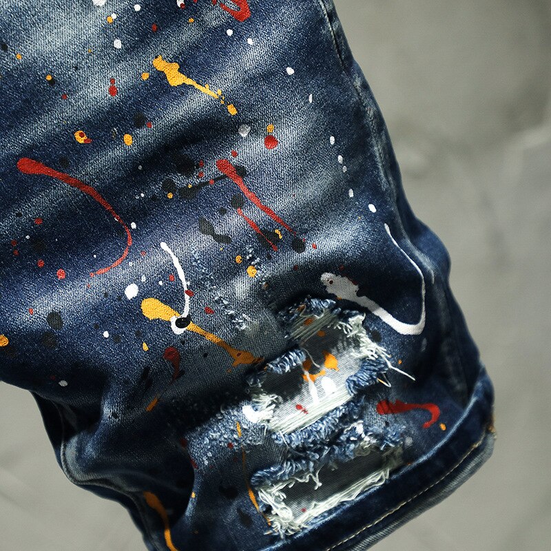 Short en jean déchiré peint pour hommes, Streetwear, Slim, trous, culotte extensible, été