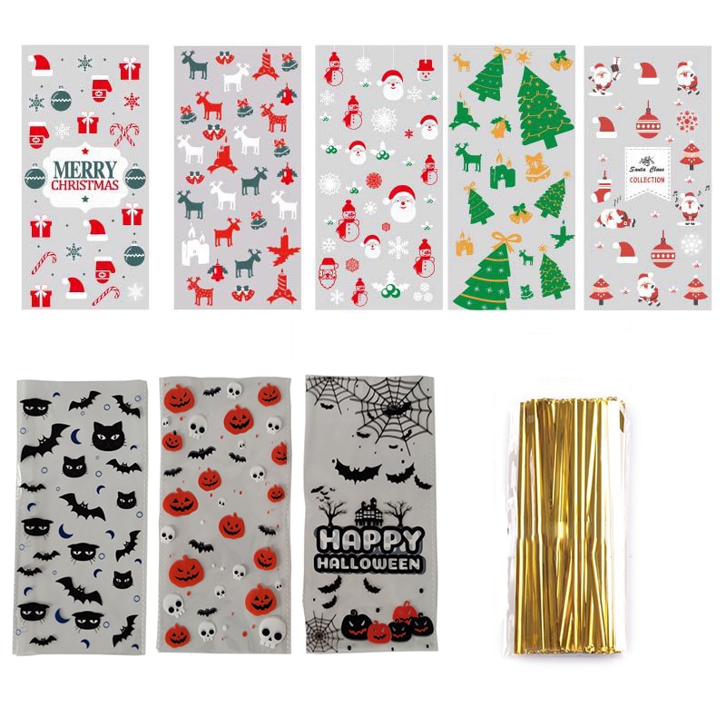 50 stk xmas selvklæbende cookieemballage plastposer jul cellofan festposer behandler slikpose festival fest favor
