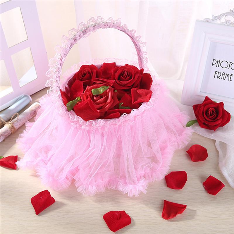 Lace Edge Mand Bruiloft Bloemblaadje Mand Bruidsmeisje Bloem Mand (Roze)