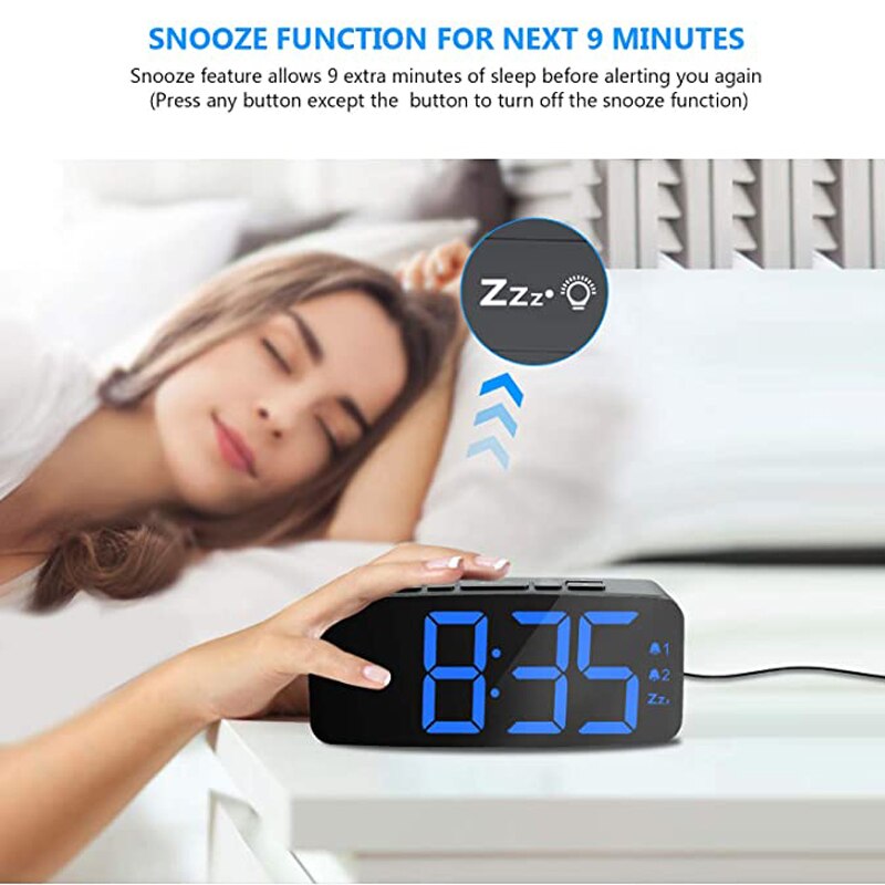 12/24 Hours Double Snooze Alarm Clock ,Big Number Blue Led Display Table Clock With EU Plug