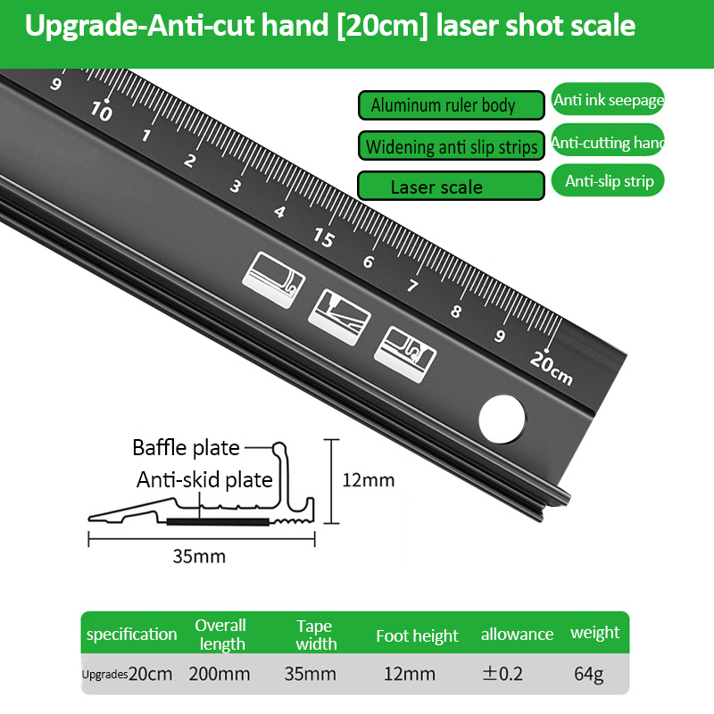 Règle droite multifonctionnelle en alliage d'aluminium de haute précision, 20/30/45cm, Anti-coupure, marquage des mains, pour la mesure du dessin