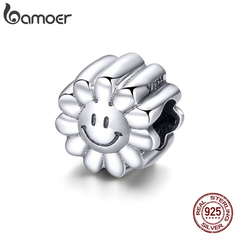 Bamoer autêntico 925 prata esterlina sorriso girassol ensolarado rosto encantos contas caber pulseiras originais diy jóias fazendo scc901