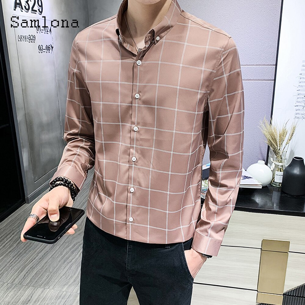 Samlona fritidsskjorte menn sommer rutete skjorter lange armer topper bluse koreansk stil menn single breasted skjorte herre klær: Khaki / Xxxl