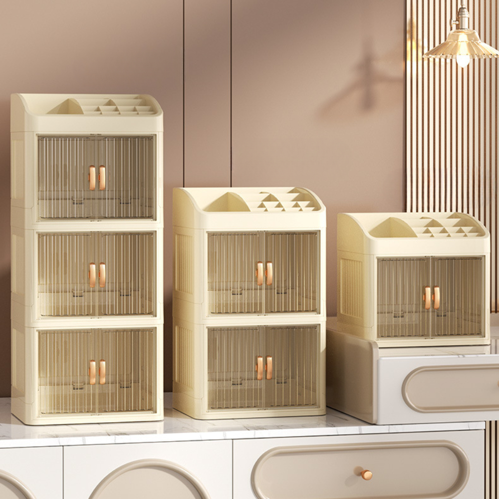 Caja de almacenamiento plegable, cajas organizadoras sencillas para el hogar, organizador de productos para el cuidado de la piel de doble puerta, estante de almacenamiento de papelería multicapa