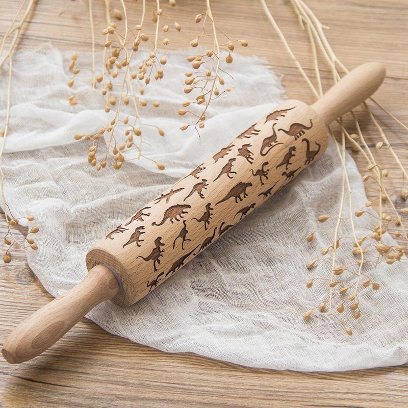 Dinosaur Pattern Embossed Rolling Pin Christmas Baking Cookies Biscuit Fondant Cake Dough Engraved Roller Reindeer