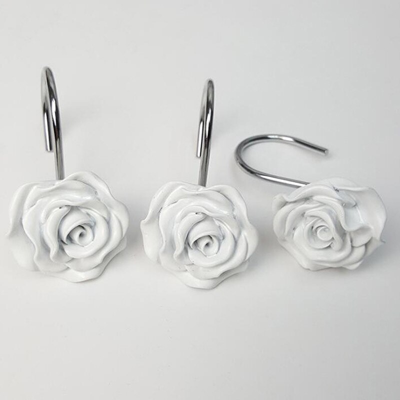 Useful 12pcs Rose Flower Resin Shower Curtain Hook Hand Crafted Decorative Shower Curtain Track Hooks Bathroom Room