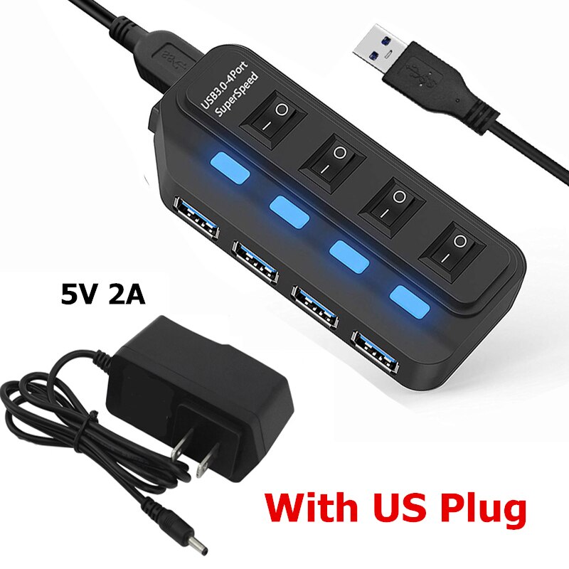 USB 3.0 HUB 4 7 Poort met LED Power Opladen Schakelaar Meerdere USB Splitter High Speed 5 Gbps USB Hab USB-HUB EU VS AU UK Adapter: 4 Ports with US Plug