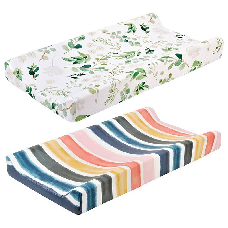 2 Stuks Baby Luier Veranderende Pad Cover Wieg Matras, Stof Aankleedkussen Cover Groene Bladeren & Rainbow Strips: Default Title