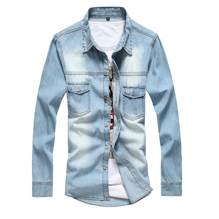 Herenblouse denim overhemd met lange mouwen voor heren katoenen dun spijkerhemd voor jongens vrijetijdsblauw: Lichtblauw  x115-8001 / M