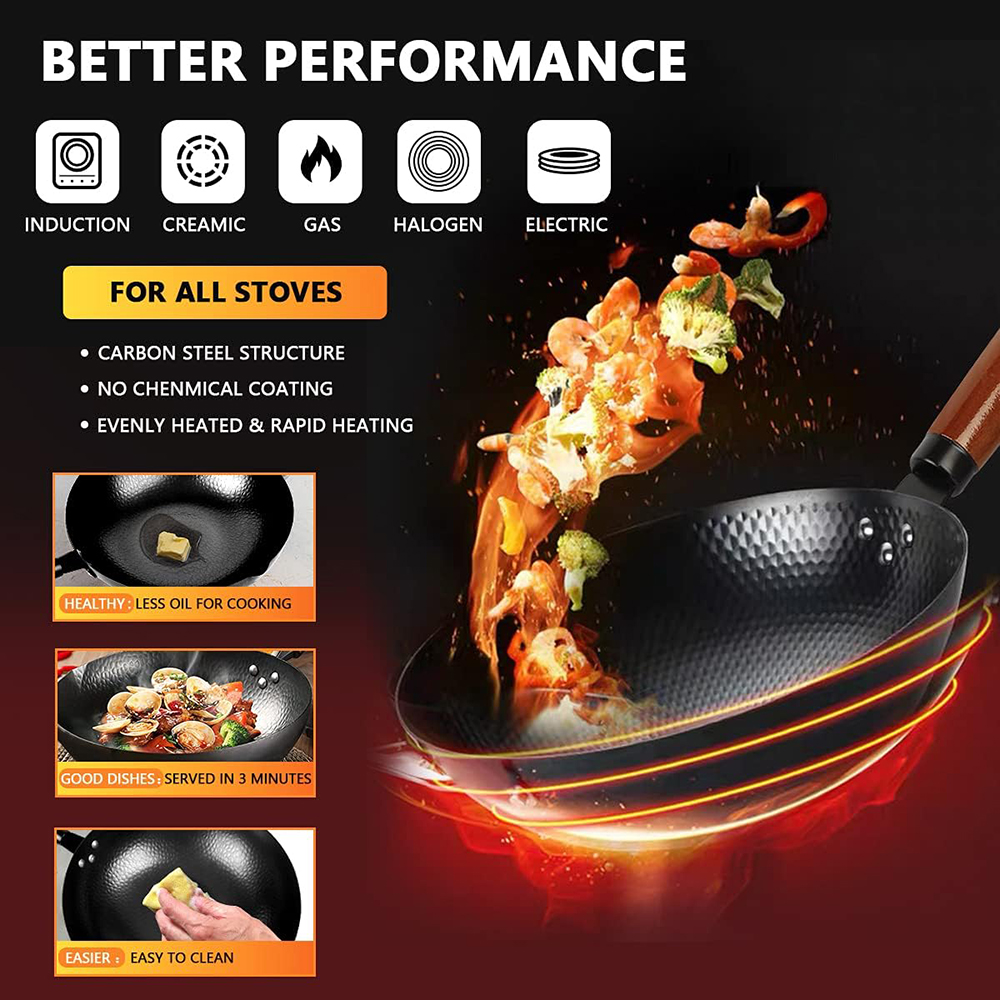 32cm wok-pande i kulstofstål, wok- og wokpander, uden kemikaliebelægning, fladbundet kinesisk wokpande til induktion, gaskomfurer, alle