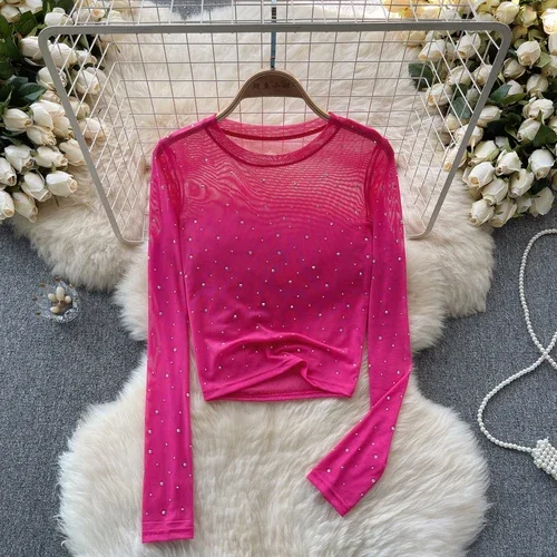 Kvinder hotsweet chic rhinsten mesh transparent lange ærmer sexet crop top slank sexet koreansk t-shirt efterårsskjorte til kvinder: Rosenrød