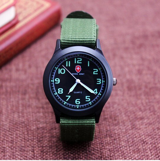 Middelbare scholieren unisex platina nylon stof horloge sport dunne jongens meisjes canvas kwarts jurk polshorloges voor jongens meisjes: Groente