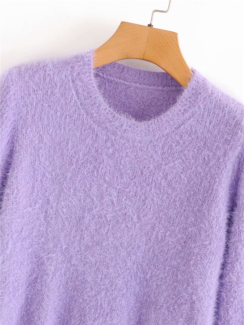 LUNDUNSHIJIA Autumn Women Mohair Short Sweaters Ladies O-neck Long Sleeve Slim Solid Color Pullovers Top