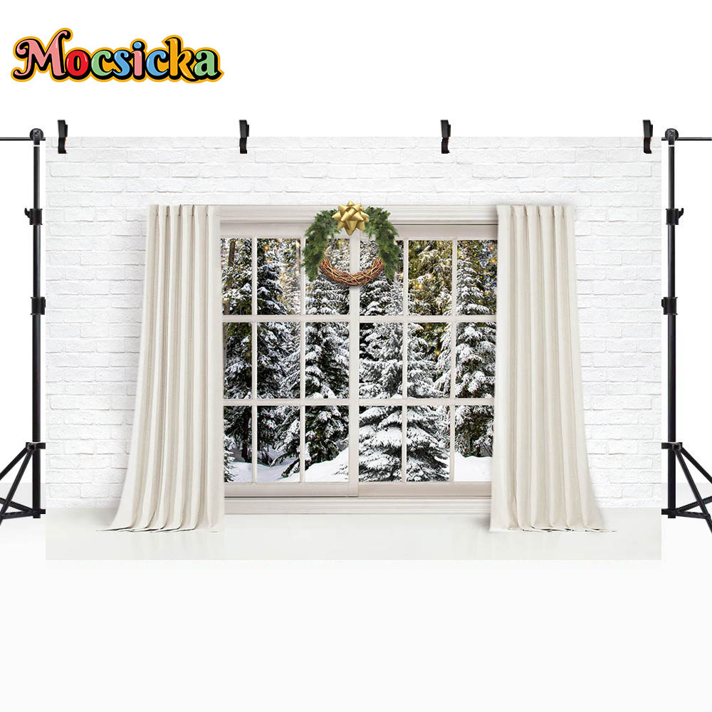 Mocsicka Christmas Curtain Window Photography Backdrop Winter Snow Scene Family Portrait Photo Background for Studio Photo Shoot: LIGHT BLUE / 270*1100