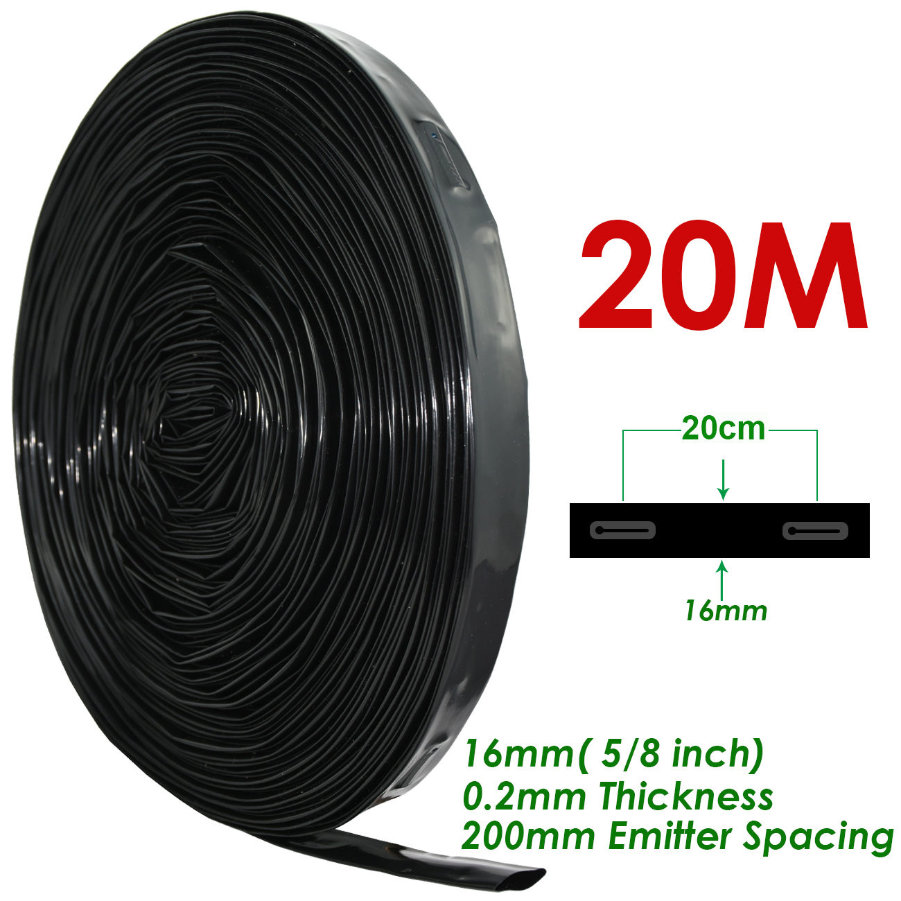 Ruban d'égouttement d'irrigation pour serre et jardin, 20-150m, 16mm, 8mil, 0.2mm, épaisseur 20cm, espacement de l'émetteur et du goutteur, 5/8 en effet, connecteur de tuyau: WHITE