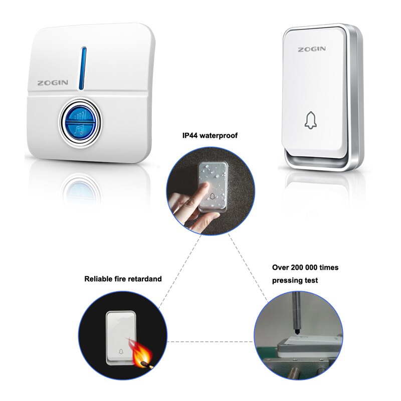 ZOGIN Wireless Doorbell Led Light with 51 Chime Waterproof Push Button Receivers 150M Long Range for Home Security Eu Plug