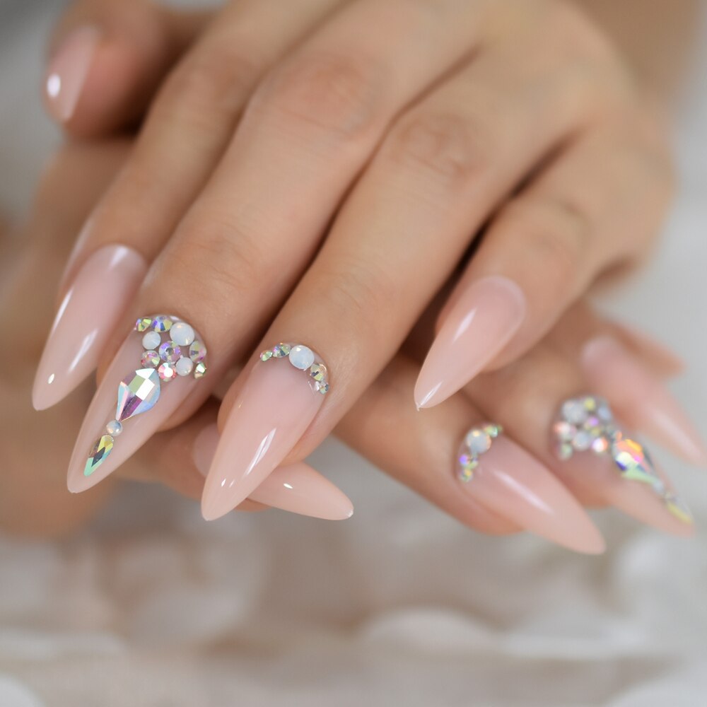 Faux-ongles nus, en ABS, longs brins pointus et Stiletto, en acrylique, artificiels, pointe en Strass pour manucure, 24