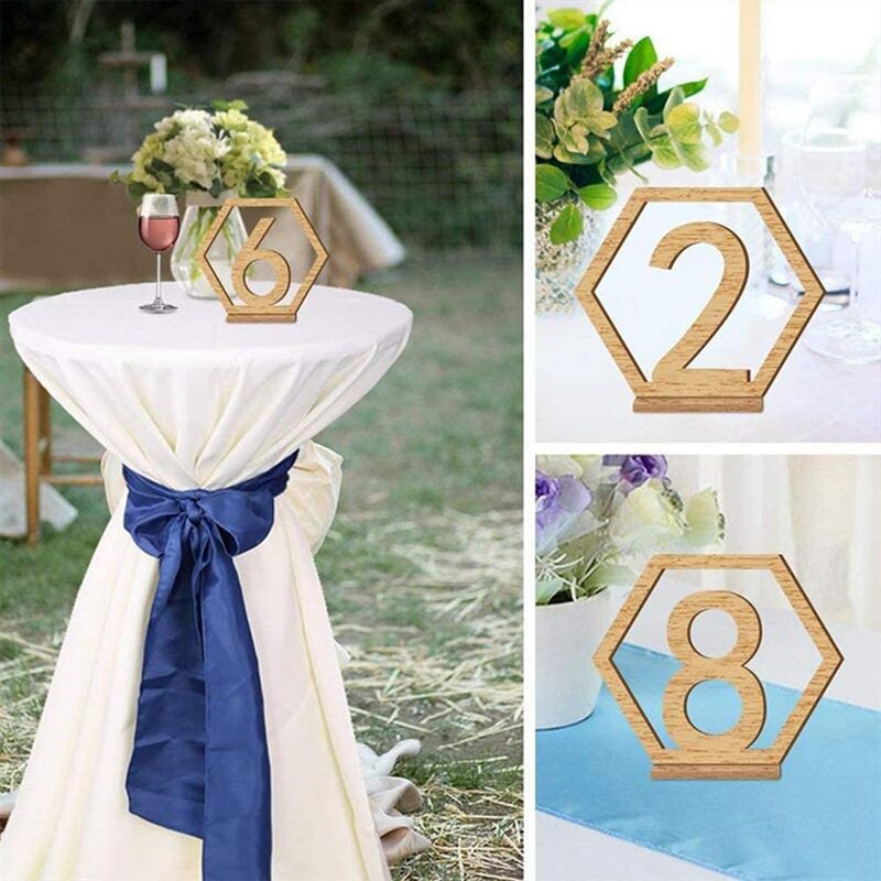 Træ bryllup bord numre 1-20 sekskantet form med holder base perfekt til bryllupsfest fest begivenheder kaffe