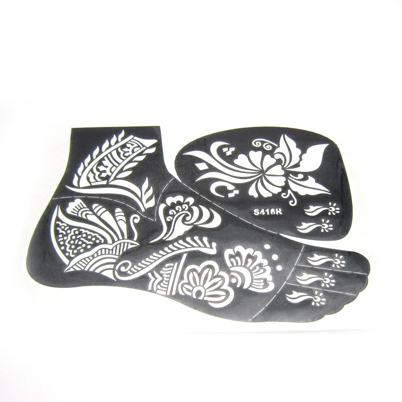 Plantillas de tatuaje de Henna para pies, 1 pieza, para pintura corporal, aerógrafo grande con purpurina de flores, plantillas de tatuaje de pies, ehndi, 24x16,5 cm