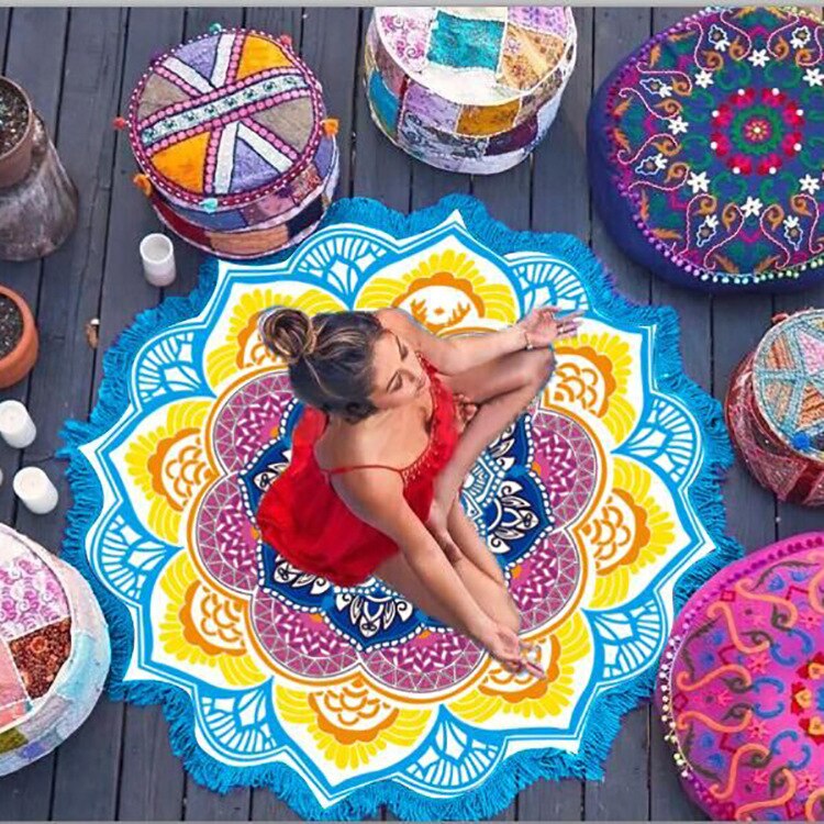 Yoga Mat Chakra Strandlaken Kwastje Toalla Mandala Tapestry Sunblock Ronde Cover-Up Badhanddoek Lotus Bohemian 150 Cm