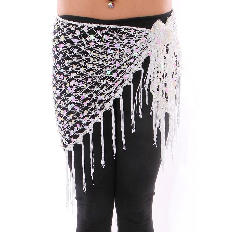 Accessoires de danse du ventre vert/or/argent, Crochet brillant, ceinture à paillettes, écharpe de hanche, enveloppes de pompon pour la danse du ventre, mouchoir: WHITE