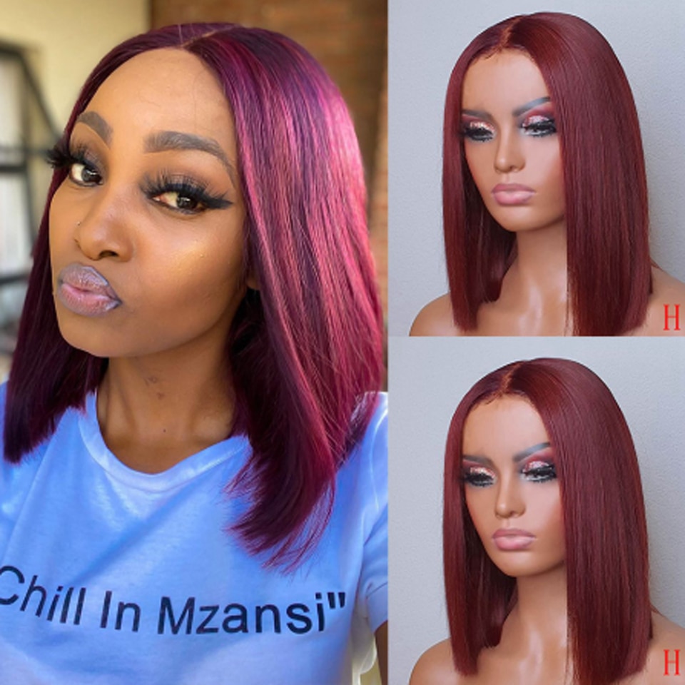 Peluca corta Bob Borgoña 99J, pelo sintético liso sedoso con parte media para mujer, rojo vino oscuro para cabello negro resistente al calor