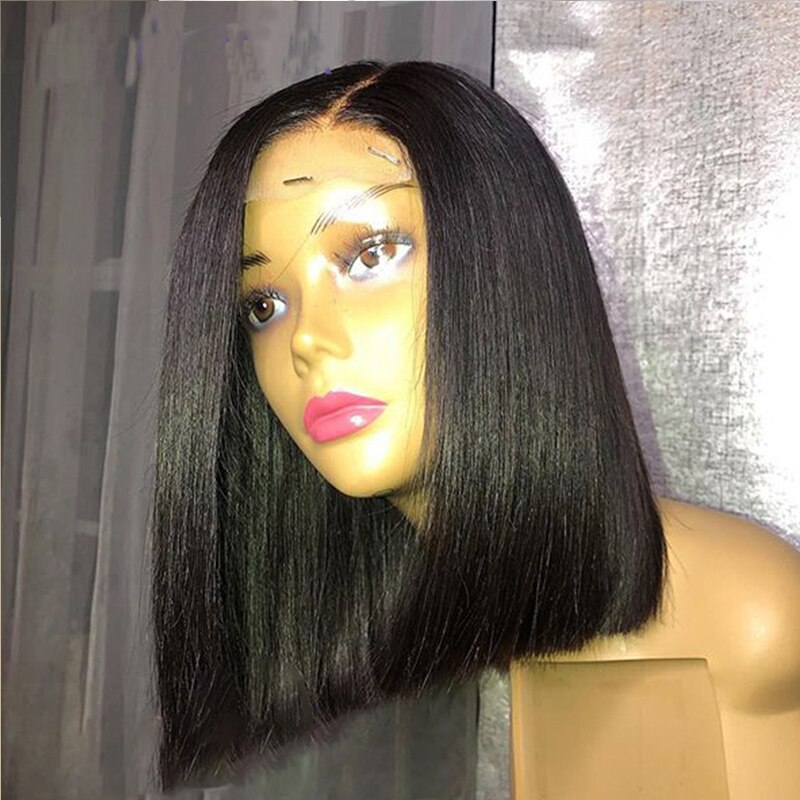 Short Black BOB Wig For Women 14-16 inches Synthetic Lace Front Wig Ombre 613 Brown Straight Synthetic Hair Side Part