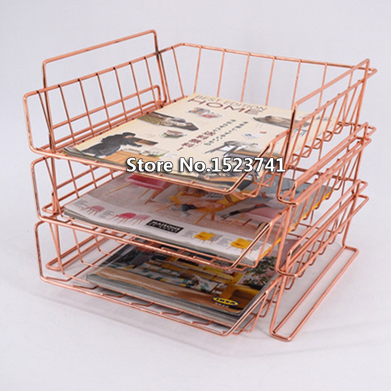 1 pcs Rose Gold Electroplated File Tray Desk Organizer Desktop Office Home Holder Book Stand Stackable basket storage rack