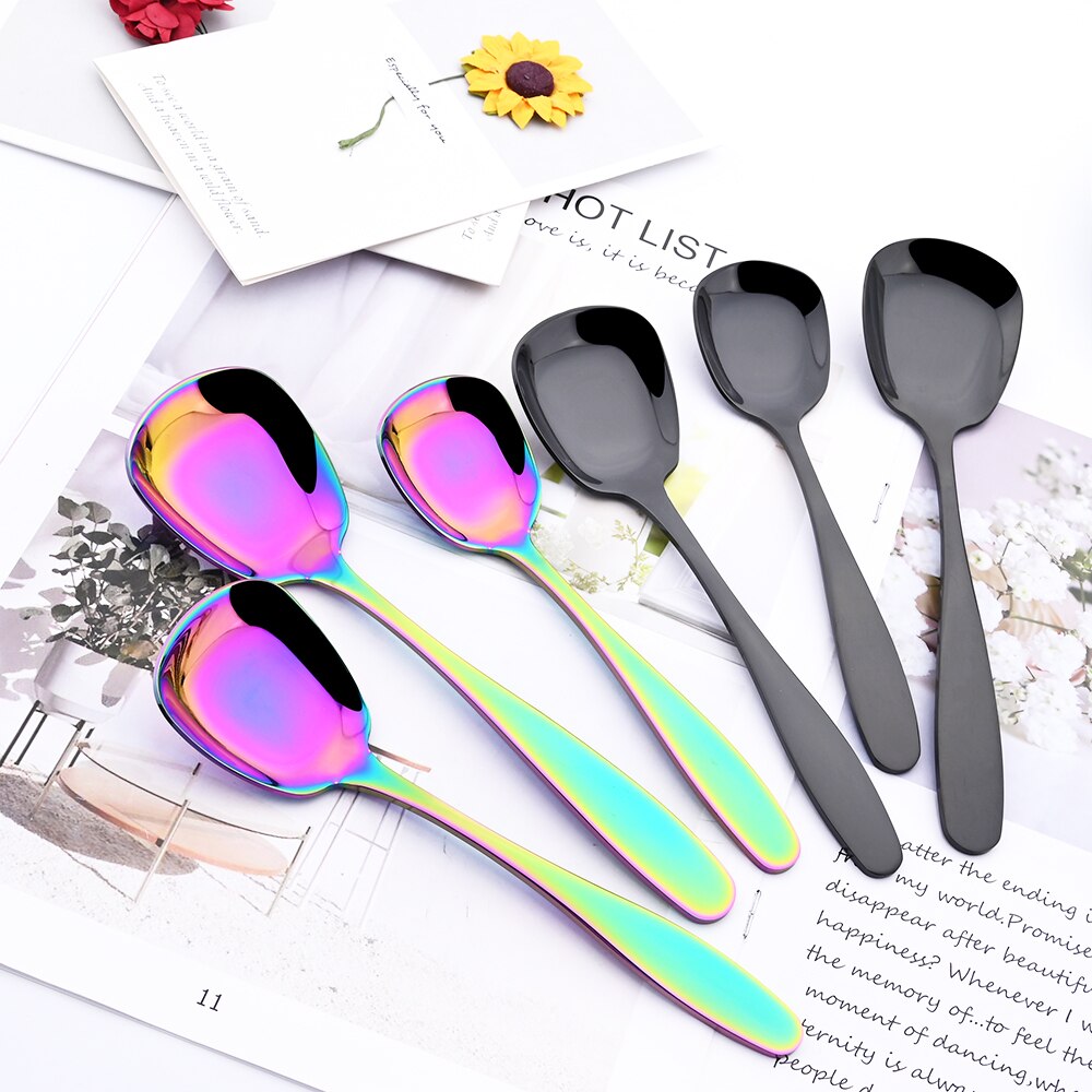 3Pcs Cutlery Stainless Steel Set Plat Bottom Square Dinner Spoons Dinnerware Child Ice Cream Dessert Salad Spoons Silverware Set