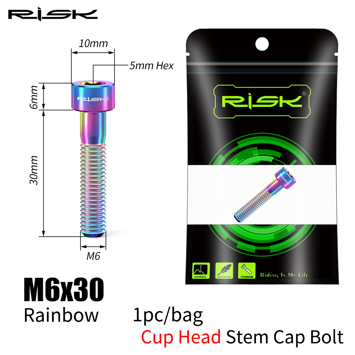 RISK Bicycle Titanium Bolt Screw M6x30 M6x35 M6x40 M6x50 for Bicycle Headset Stem Cap Cover Disc Brake Caliper Flat Allen Head: black