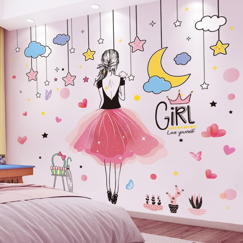 [Shijuekongjian] pegatinas de pared de dibujos animados para niña, pegatinas de pared de luna de estrellas DIY para casa, habitación infantil, decoración de dormitorio de bebé: Girl and Stars