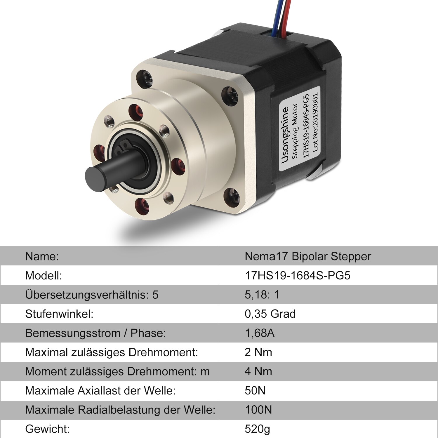 Getriebe Motor- 42 mit führt Nema17 17HS19-1684S-PG5 Extruder Getriebe Stepper Motor- Verhältnis 5.18: 1 Planeten Getriebe 17HS4401