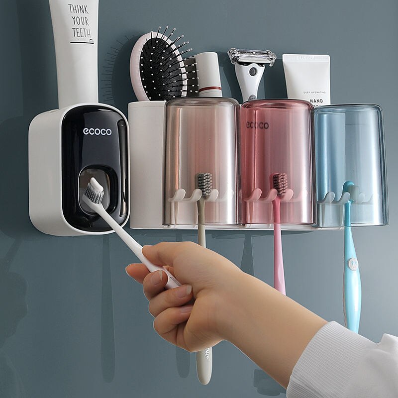 ECOCO – distributeur automatique de dentifrice à pression, accessoires de salle de bains, poinçon gratuit, ensemble de porte-brosse à dents, support de rangement mural: Figure 4