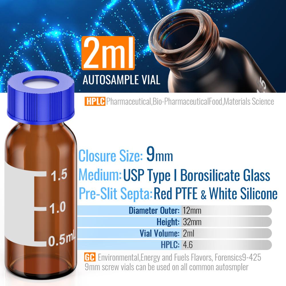 Autosampler 2ml HPLC 9-425 Amber glass vial Bottles with Write-on Spot and 9mm ABS Screw Caps &amp; Pre-Slit Septa, Case of 100