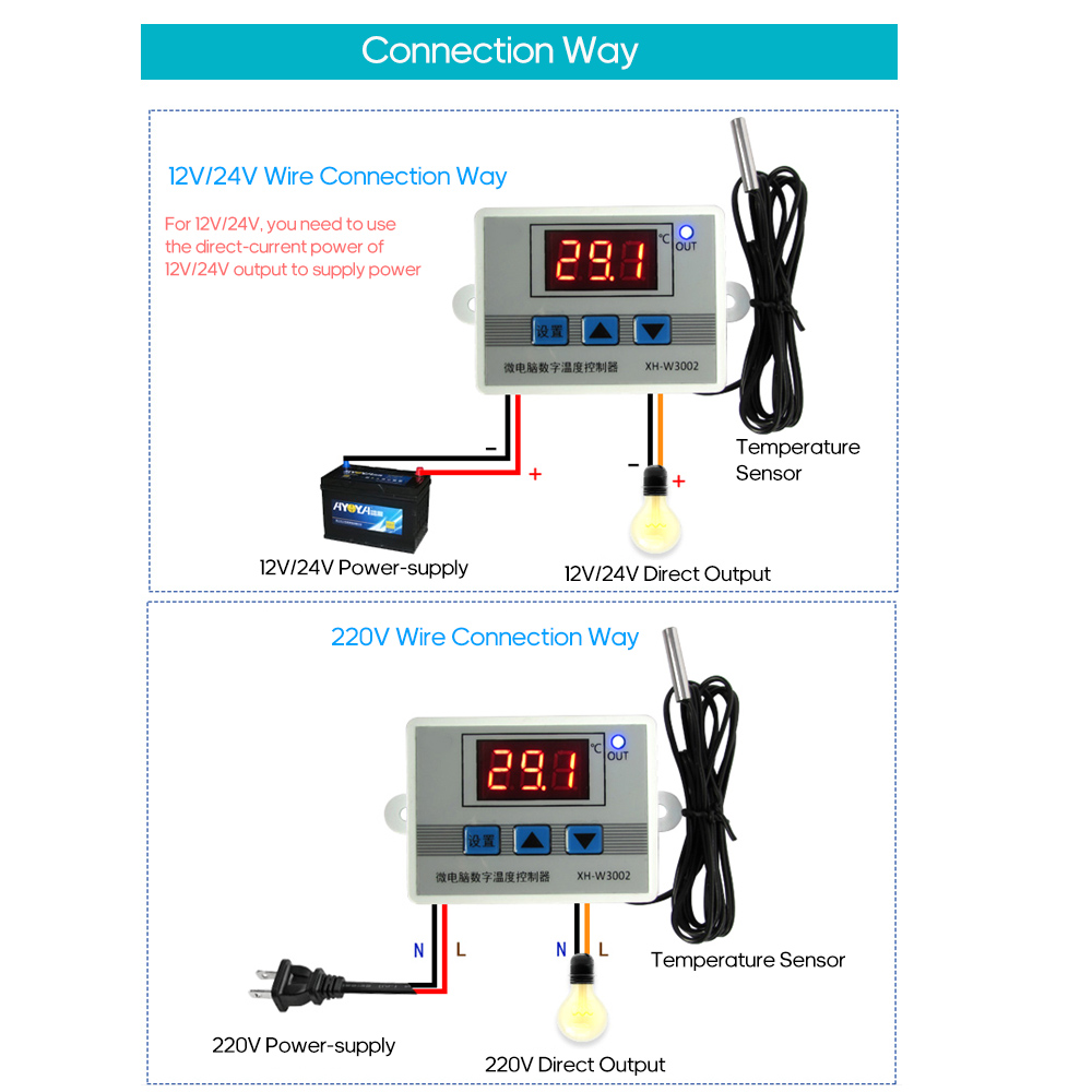 Intelligent Led Digital Microcomputer Temperature Controller Mini Thermostat Switch with Water-resistant Sensor Probe XH-W3002