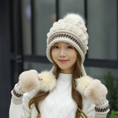 Jente varm ski merke kanin pels pom poms varme hansker + strikket lue sett vinter kvinner ull lue lue tykk skullies kvinne lue: beige / naken hatt
