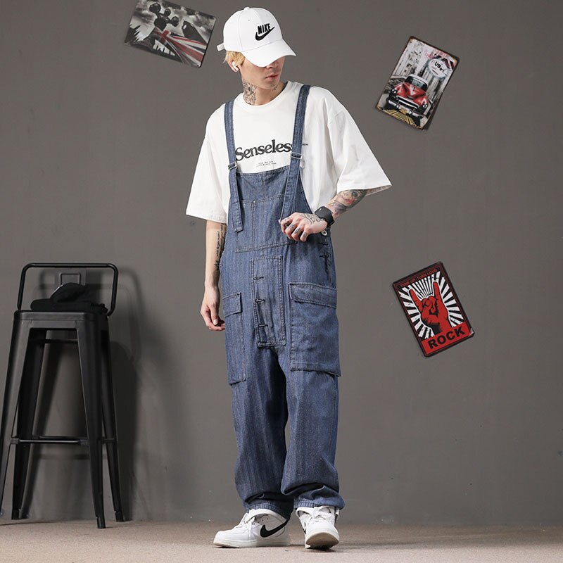Spring Retro Overalls Men Bib Jumpsuits Trend Big Pocket Cotton Straight Loose Street Blue Hip Hop Wide Leg Pants Trousers