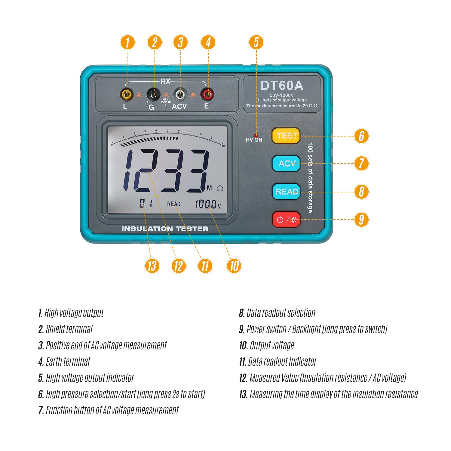 DT60A High Voltage Insulation Resistance Tester Battery Operated LED Digital Ohmmeter Megohmmeter Megameter Resistance Meter