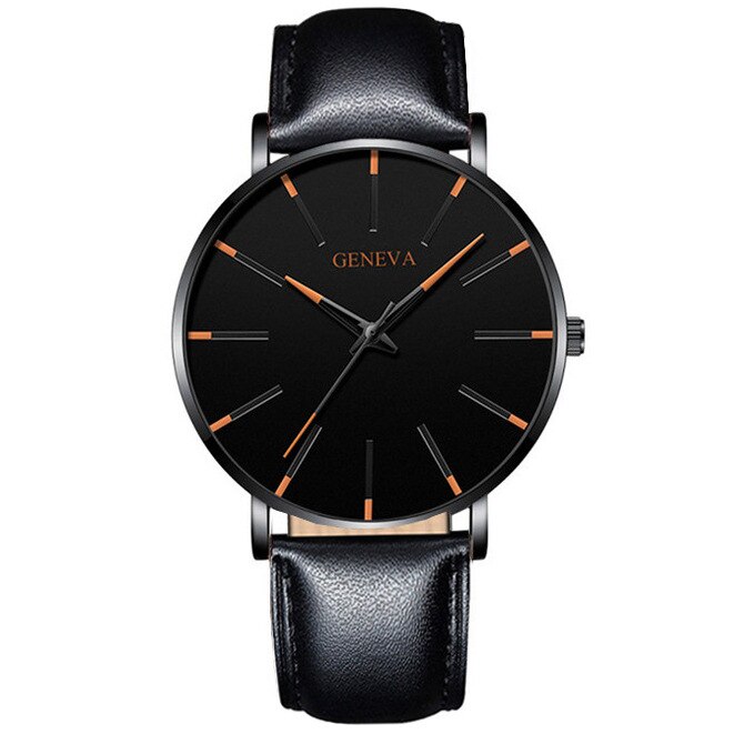 Minimalistiske herre ultra tynde ure simple herre business rustfrit stål mesh bælte kvarts ur relogio masculino: Sort rose læder