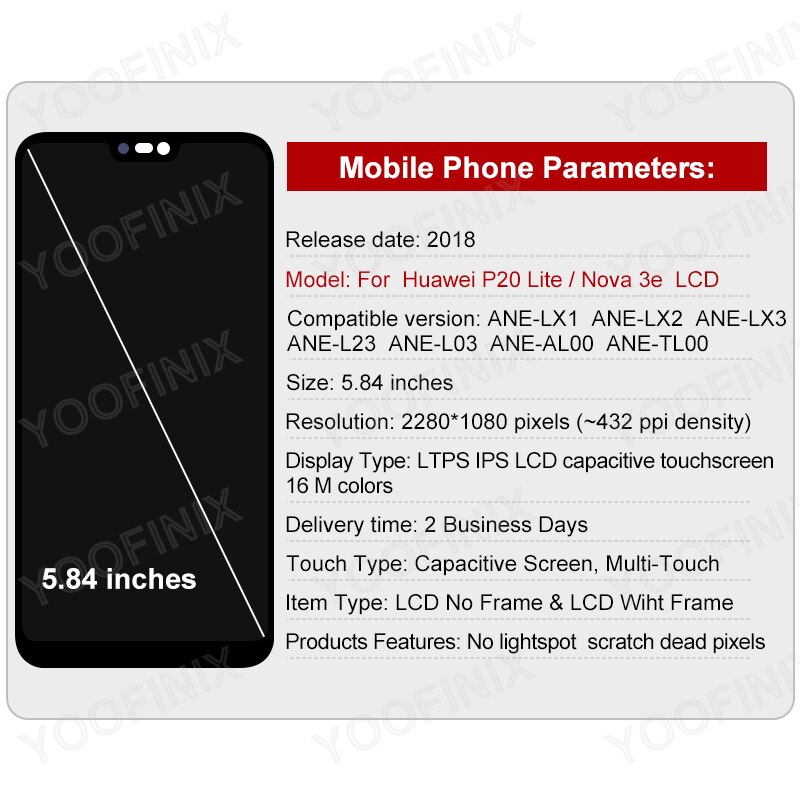5.84&quot; For Huawei P20 Lite Display LCD Touch Screen Digitizer For Huawei Nova 3e LCD ANE-LX1 ANE-LX2 Display Replacement Parts