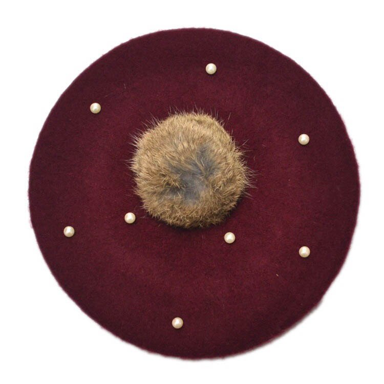 Børn perle kanin pels baret hat til baby piger hue hatte med pompon multicolor: Brun